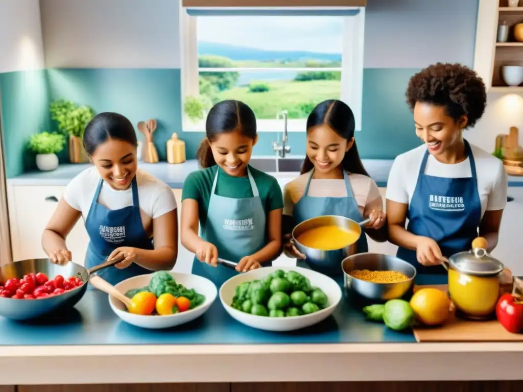 Un animado taller de cocina con niños preparando recetas snacks saludables en una cocina colorida y organizada