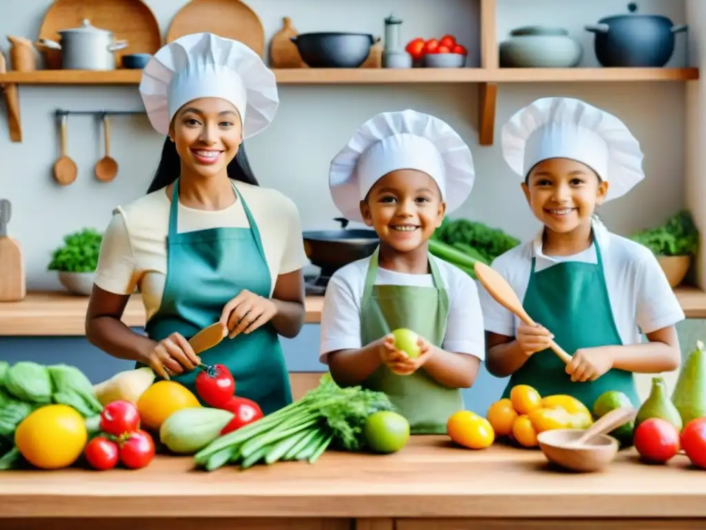 Un animado taller de cocina con niños diversos preparando recetas snacks saludables