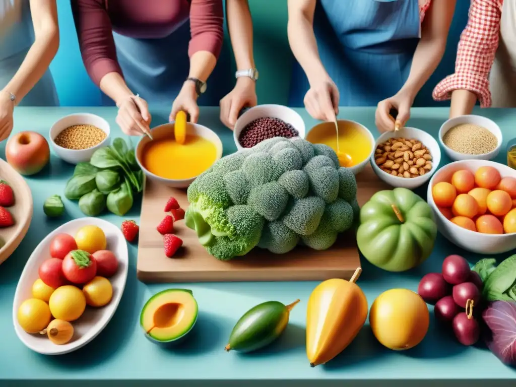 Taller de cocina saludable: diversión y aprendizaje Un animado taller de snacks saludables certificados con personas de diversas edades y fondos, creando juntos en una cocina colorida y luminosa