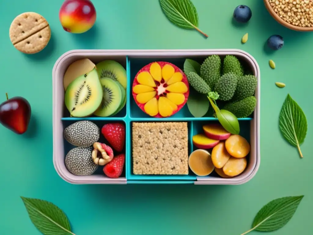 Delicioso bento de snacks saludables: frutas, nueces y semillas Una apetitosa ilustración acuarela de snacks saludables en una caja bento, ideal para energía sostenida en el trabajo