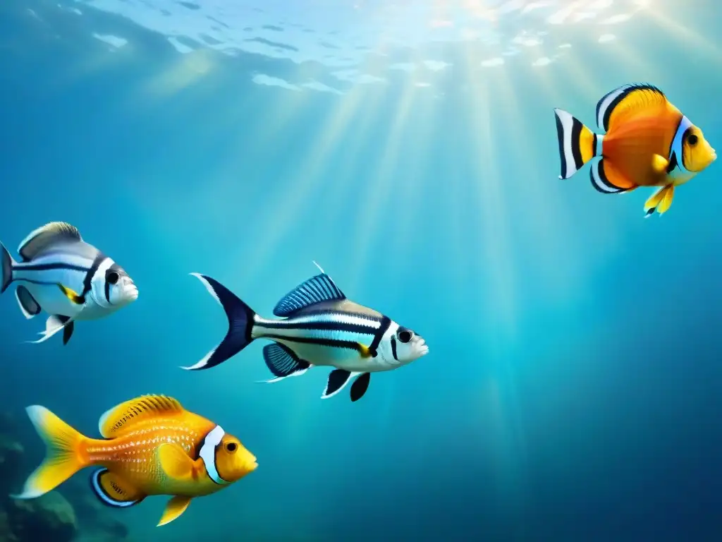 Acuarela detallada de peces coloridos nadando en un océano vibrante Un arrecife lleno de peces coloridos nadando en un océano vibrante