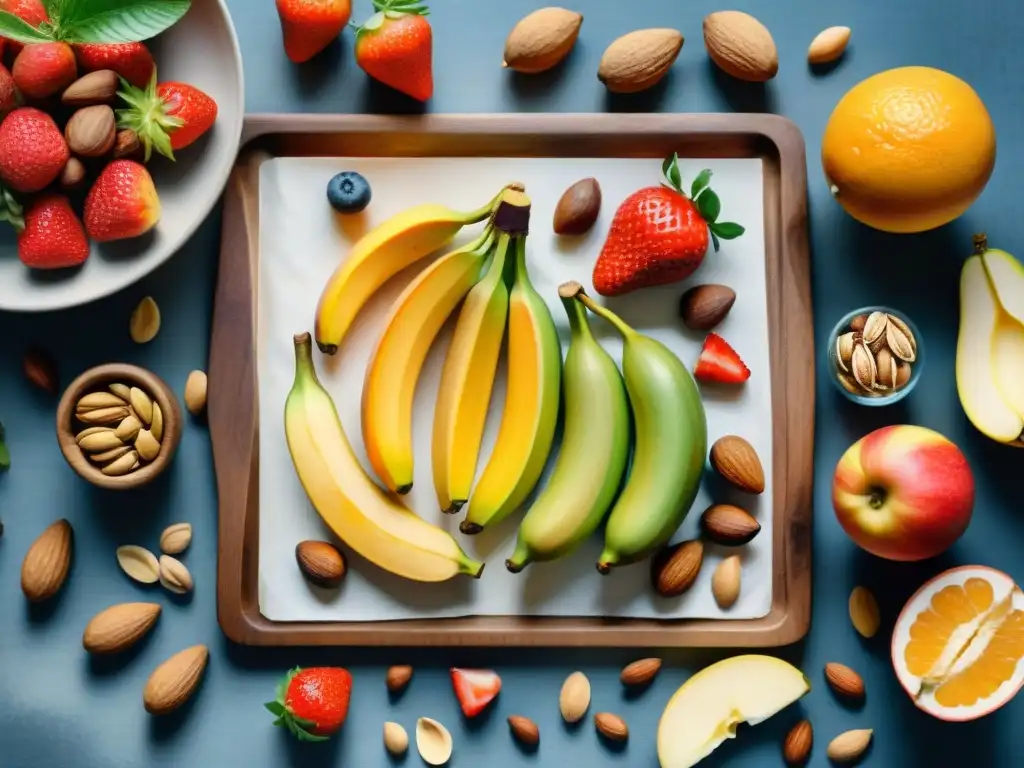 Arreglo de frutas y frutos secos frescos y coloridos en tabla de madera rústica