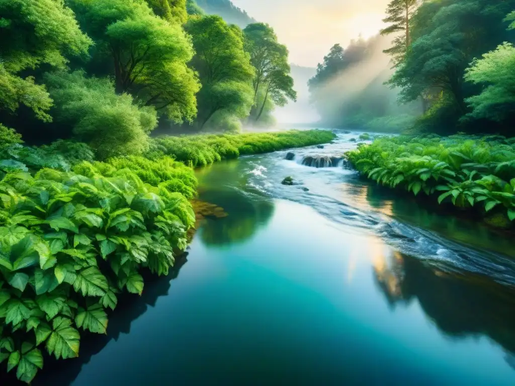 Arroyo cristalino en bosque verde: frescura y pureza naturales Un arroyo cristalino serpentea suavemente entre un bosque verde exuberante, reflejando los colores vibrantes de la flora circundante