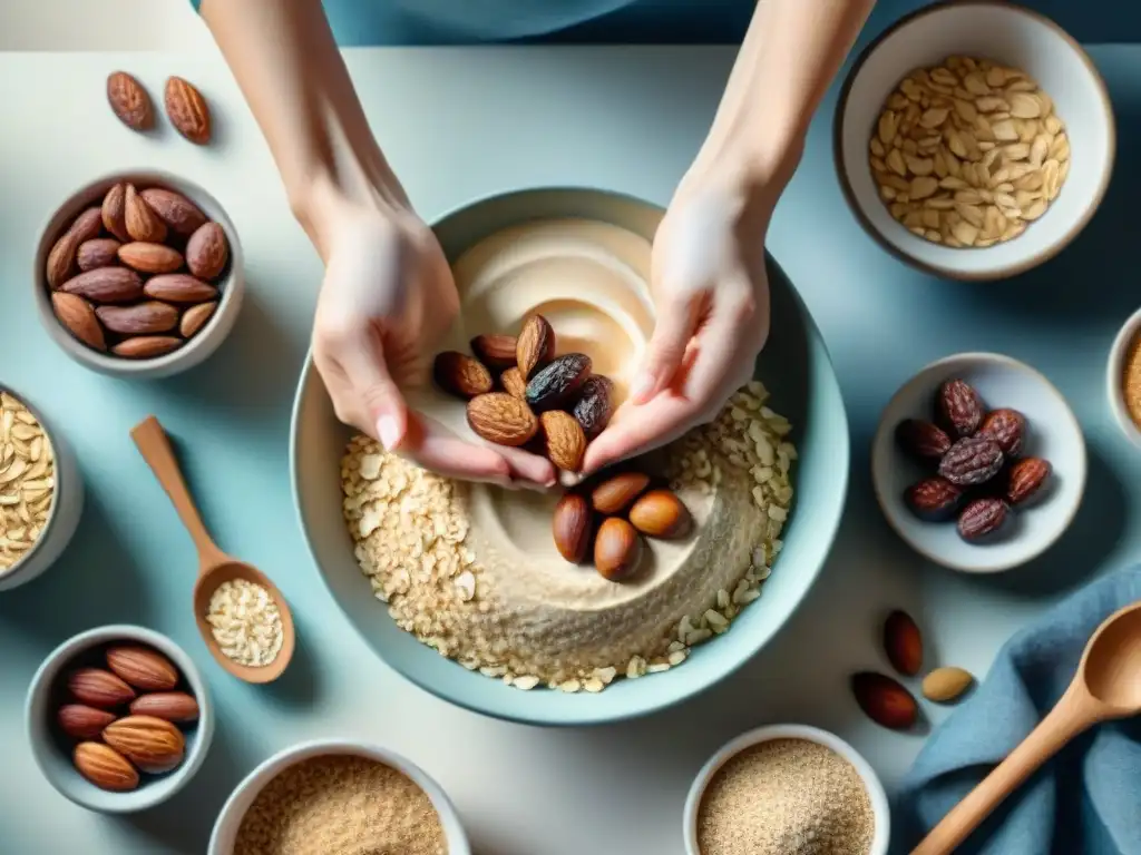 Arte acuarela: Creando barras de proteína caseras El arte de acuarela detalla una cocina con ingredientes para recetas barras proteína caseras sin hornear