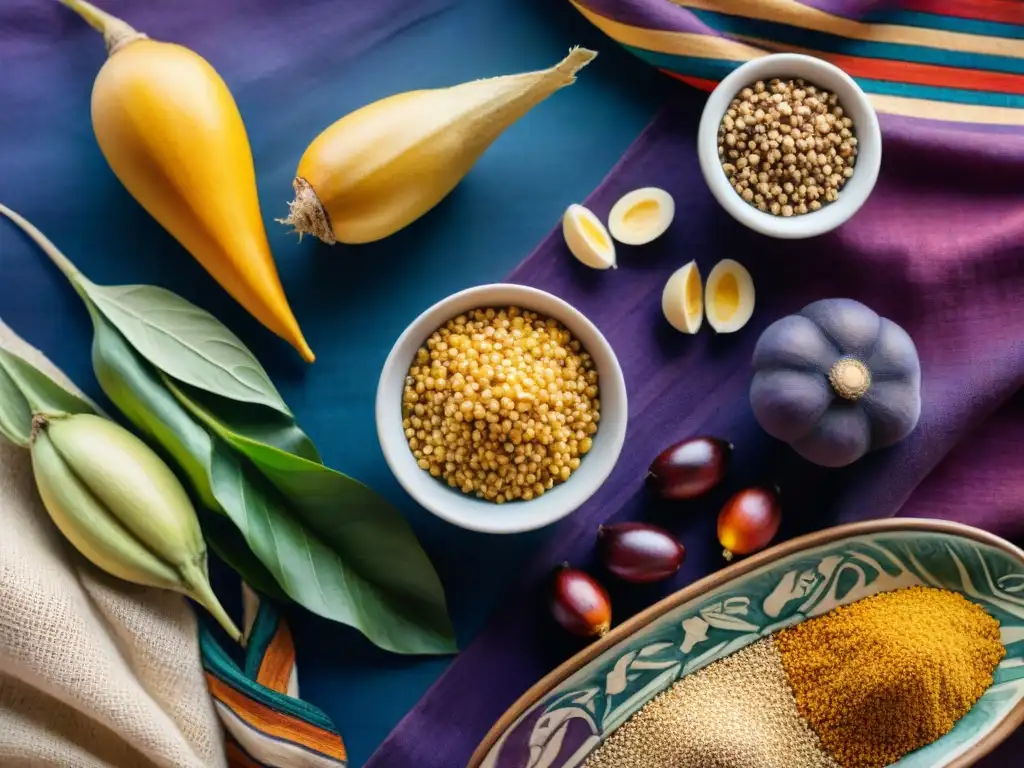 Delicias Andinas: Detalles vibrantes de superalimentos peruanos en acuarela Arte en acuarela detallado de superfoods peruanos en textil tradicional