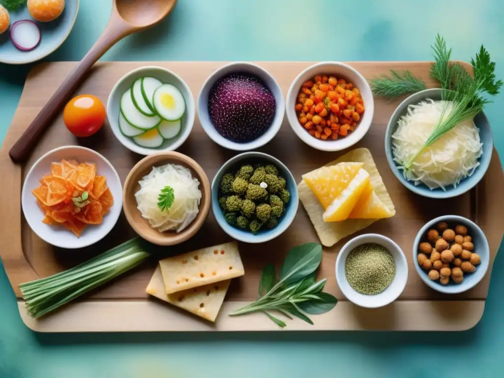Deliciosos alimentos fermentados en acuarela Arte acuarela de snacks fermentados saludables y sostenibles en bandeja de madera con hierbas frescas