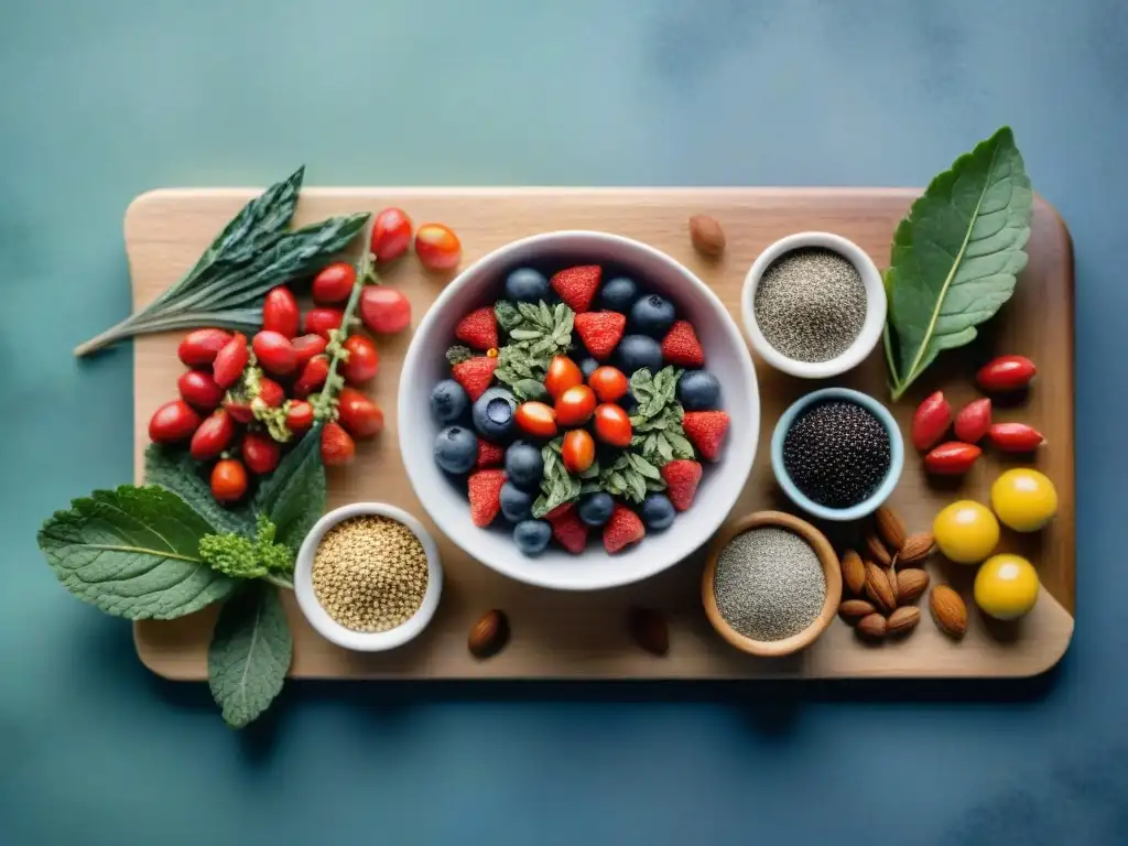 Deliciosos superalimentos en acuarela Arte en acuarela de superalimentos como bayas de goji, semillas de chía y acai en tabla de madera
