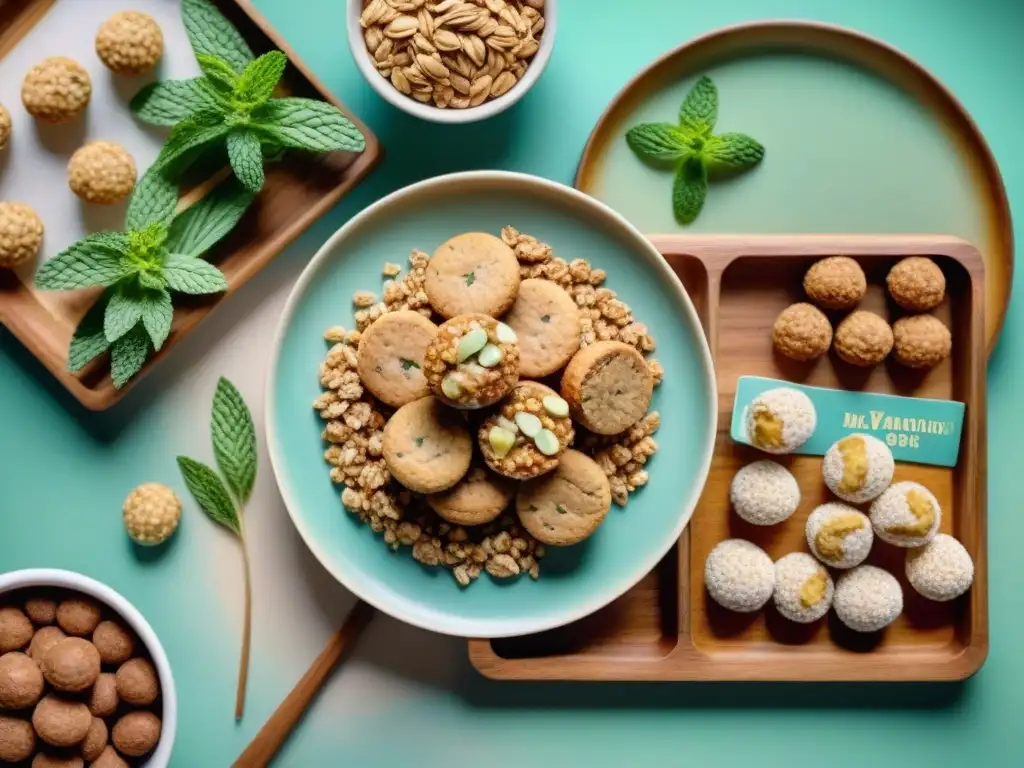 Deliciosos snacks de avena en escena serena Arte acuarela de mesa rústica con snacks saludables de avena y menta fresca
