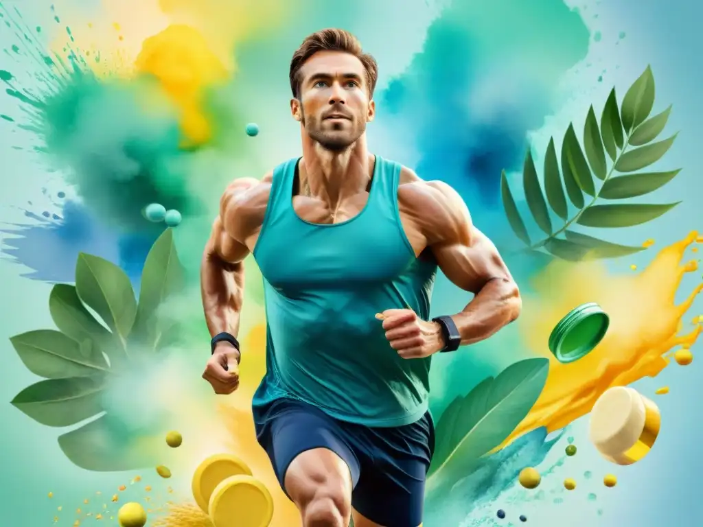 Ilustración acuarela: Atleta enérgico con suplementos saludables Un atleta enérgico rodeado de suplementos saludables, transmitiendo concentración y vitalidad