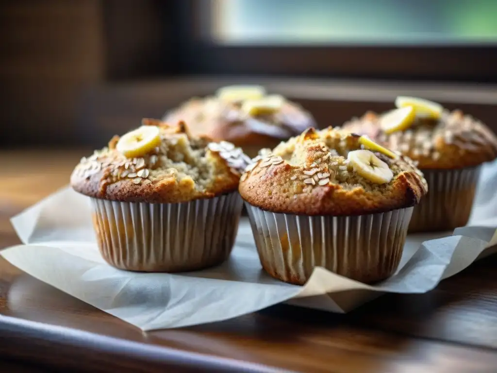 Muffins de avena y plátano recién horneados en mesa rústica Muffins de avena y plátano saludables recién horneados en mesa rústica, destacando su apariencia dorada y aroma tentador