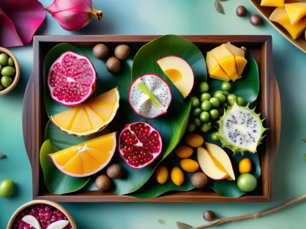 Festín exótico: Bandeja de snacks saludables en acuarela Una bandeja de madera rebosante de snacks saludables exóticos importados, detallados en acuarela