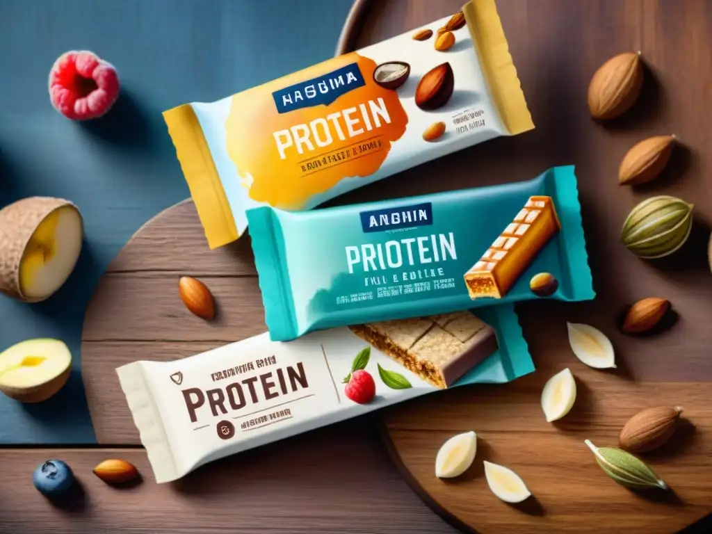 Deliciosas barras de proteína en acuarela Unas barras proteicas saludables con diversos sabores y ingredientes en una mesa rústica de madera, rodeadas de una atmósfera acogedora y sombras realistas