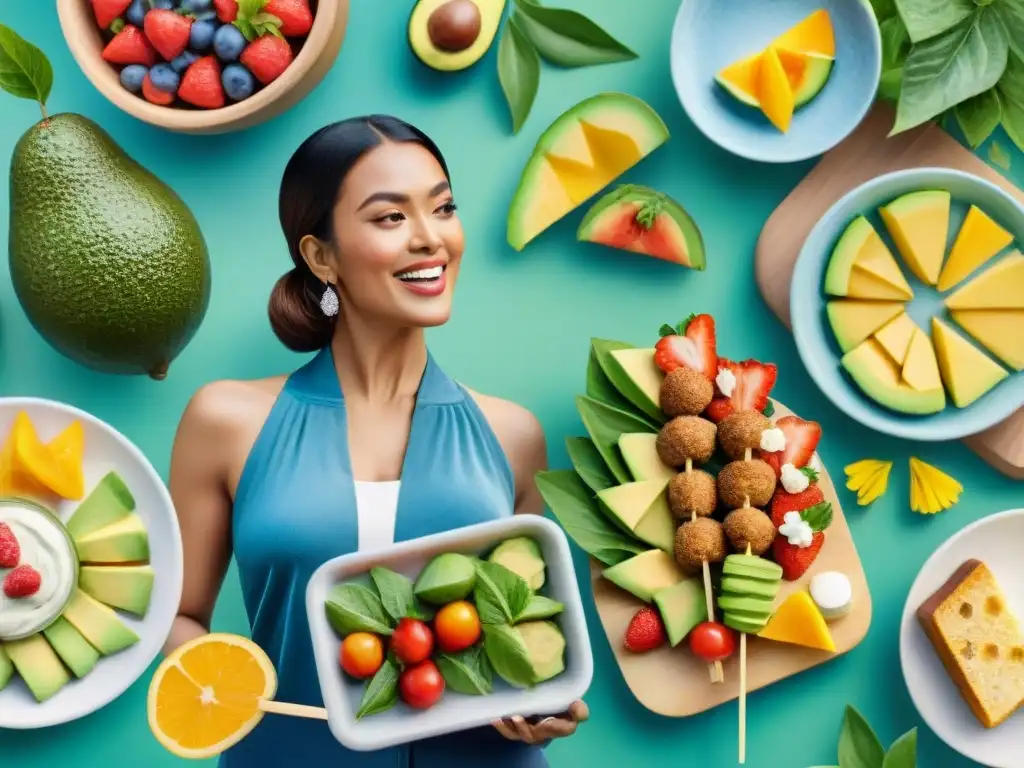 Estrellas promoviendo hábitos saludables con snacks variados Un bello cuadro de acuarela con celebridades disfrutando de snacks saludables en un jardín vibrante