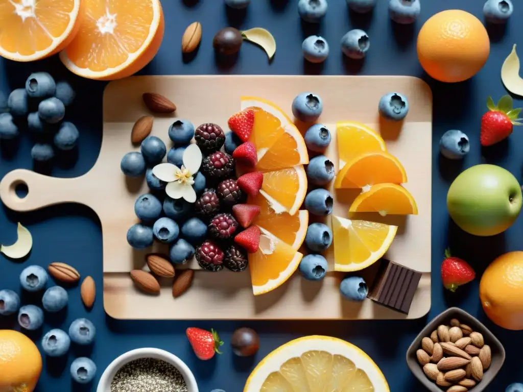 Deliciosos snacks saludables: ilustración acuarela Un bodegón acuarela detallado de snacks saludables para mejorar concentración, frutas, nueces y chocolate sobre tabla de cortar