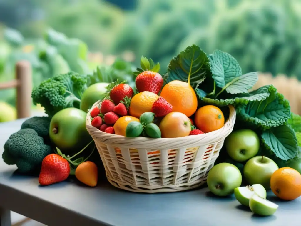 Armonía de frutas y verduras frescas en acuarela Bodegón acuarela de frutas y verduras frescas en cesta tejida