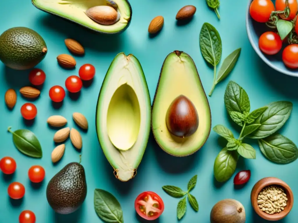 Bodegón saludable: ingredientes frescos y vibrantes en acuarela Un bodegón acuarela de ingredientes snacks bajos carbohidratos: aguacate, tomate, pepino, frutos secos, semillas y hierbas frescas