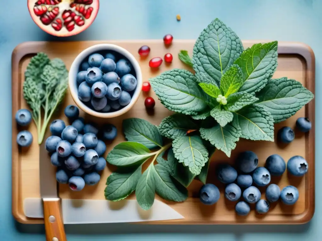Superfoods antioxidantes: ilustración acuarela vibrante Un bodegón acuarela de snacks saludables con superalimentos antioxidantes como arándanos, almendras y granadas