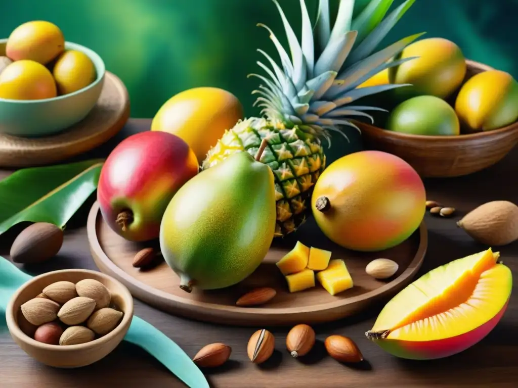Exquisita naturaleza caribeña: acuarela de frutas y nueces Un bodegón detallado de frutas y frutos secos caribeños en acuarela, ¡una explosión de colores! Snacks saludables Caribe nutrición
