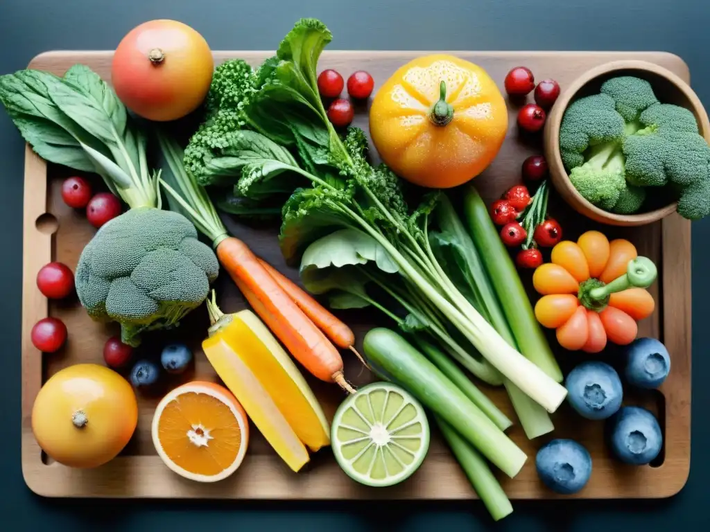 Bodegón de frutas y verduras frescas: acuarela detallada Un bodegón detallado de frutas y verduras coloridas en una tabla de cortar de madera, evocando snacks saludables microbioma intestinal