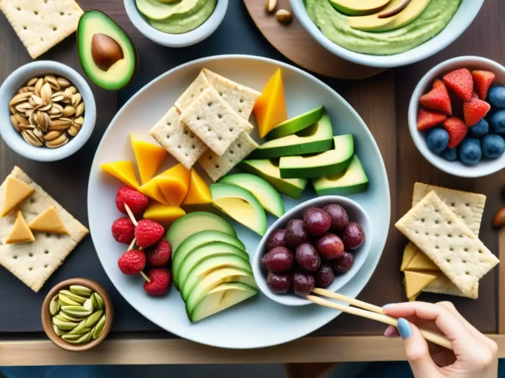 Deliciosos snacks saludables en acuarela detallada Bodegón de snacks saludables prevención diabetes tipo 2 en acuarela detallada: frutas, verduras, frutos secos y semillas sobre mesa rústica iluminada
