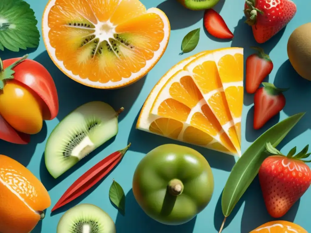 Bodegón saludable de frutas y verduras ricas en vitamina C Un bodegón vibrante de snacks saludables con vitamina C en acuarela