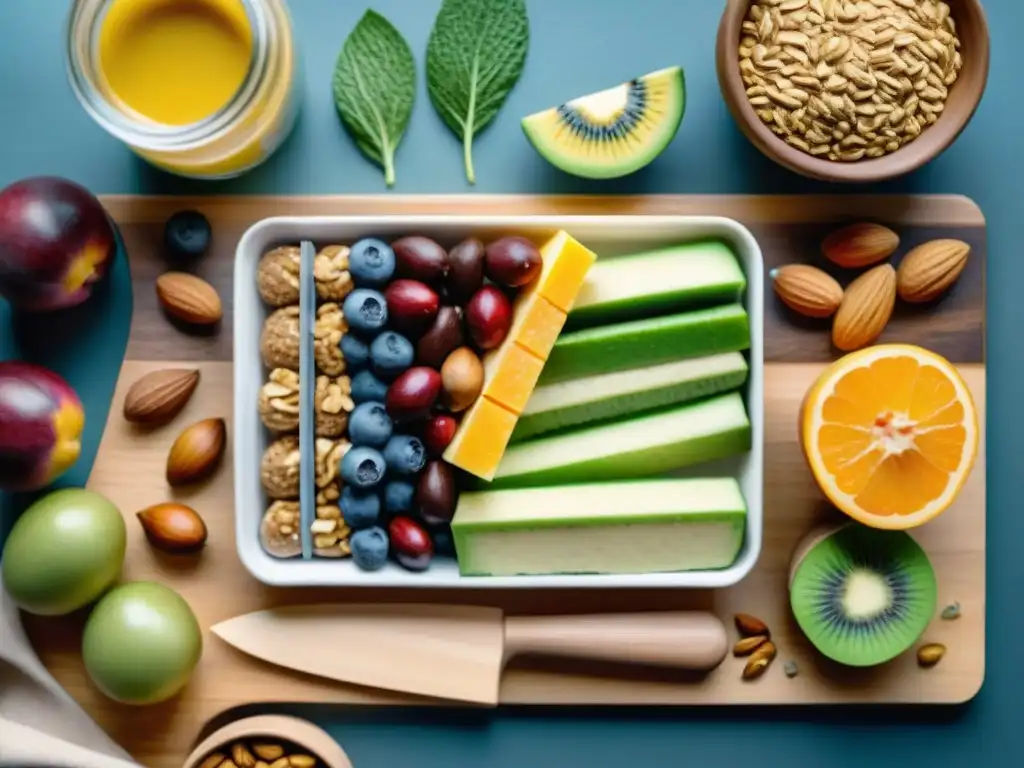 Deliciosos snacks saludables para ganar músculo en acuarela Un bodegón vibrante de snacks saludables para aumentar masa muscular, con frutos secos, semillas, frutas y barras de proteína, dispuestos artísticamente en una tabla de madera