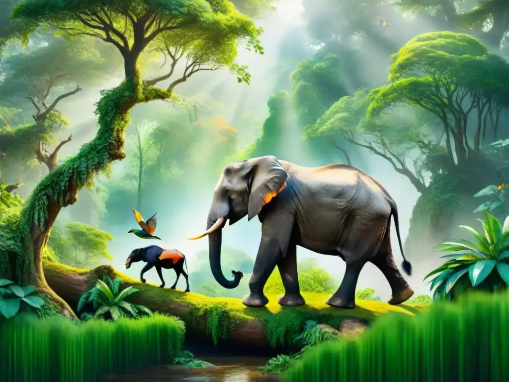 Armonía en la selva: animales diversos conviviendo en paz Un bosque armonioso donde conviven animales diversos