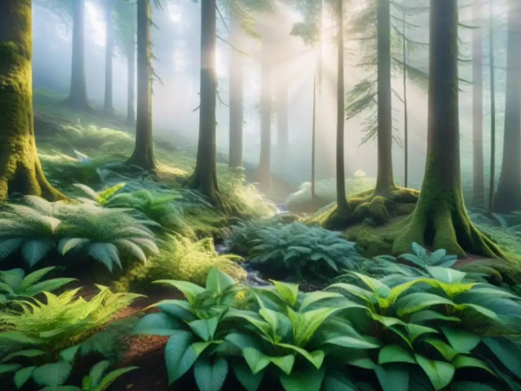 Bosque exuberante en acuarela: detalle y serenidad Un bosque exuberante con árboles majestuosos, follaje vibrante y un arroyo serpenteante