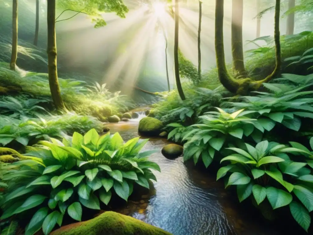 Bosque sereno: acuarela detallada en verde Un bosque exuberante bañado por la luz del sol, con un arroyo cristalino