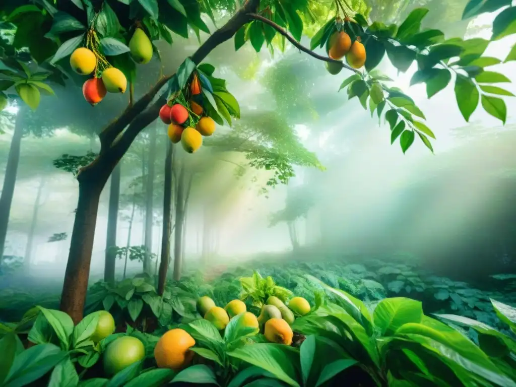 Bosque tropical: ilustración acuarela con frutas exóticas Un bosque exuberante con frutas exóticas colgando de las ramas, ideal para un packaging ecológico snacks saludables