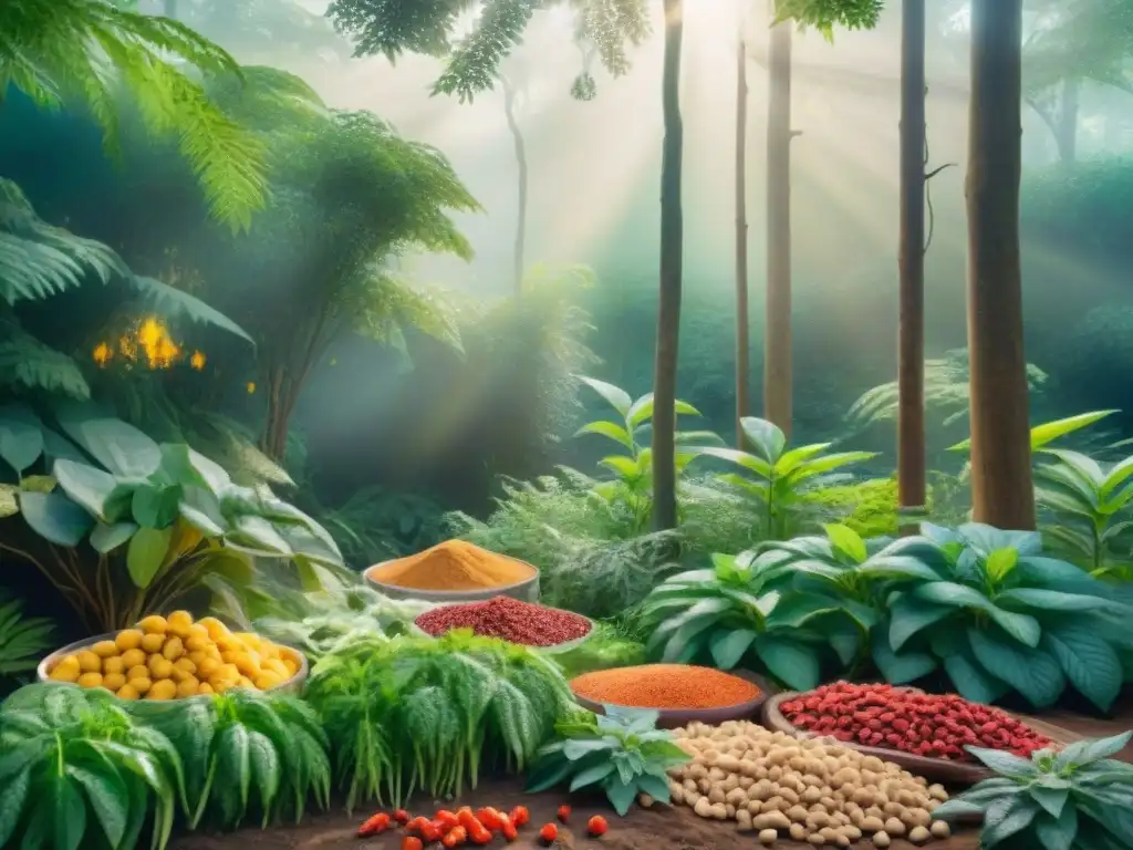 Jardín de hierbas adaptógenas y snacks saludables en acuarela Un bosque exuberante con hierbas adaptógenas y snacks saludables, evocando vitalidad