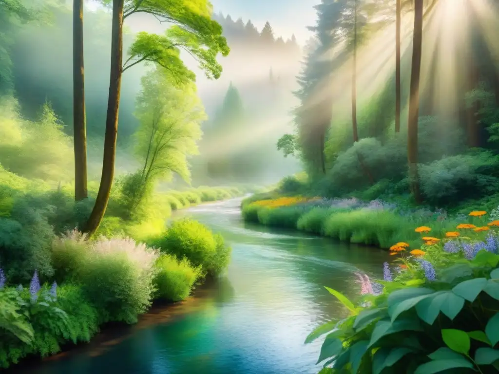 Bosque verde vibrante: río sereno y energizante Un bosque exuberante iluminado por rayos de sol, río serpenteante y flores silvestres coloridas