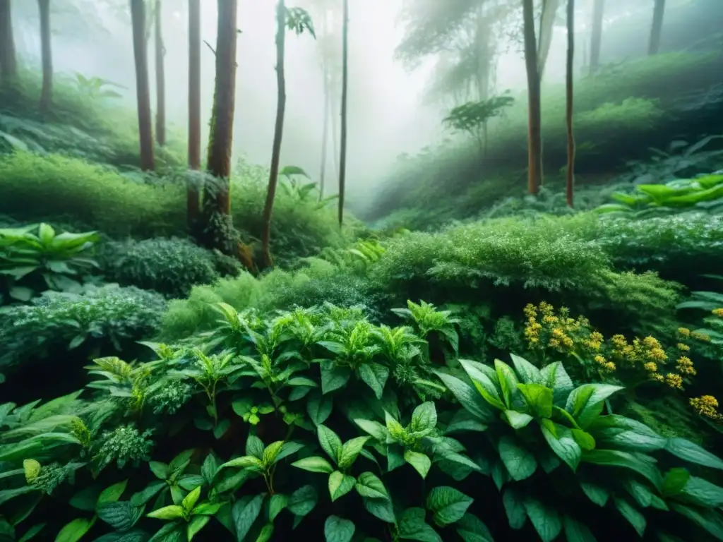 Bosque de hierbas adaptógenas: ilustración acuarela detallada Un bosque exuberante lleno de adaptógenos como ashwagandha, albahaca sagrada y rodio, con gotas de rocío brillando en las hojas