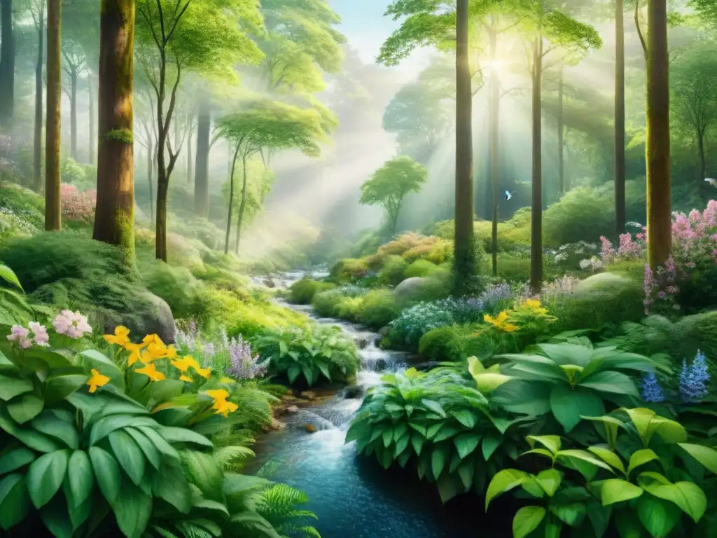 Bosque tropical: vida silvestre y armonía natural Un bosque exuberante lleno de vida silvestre junto a un arroyo tranquilo