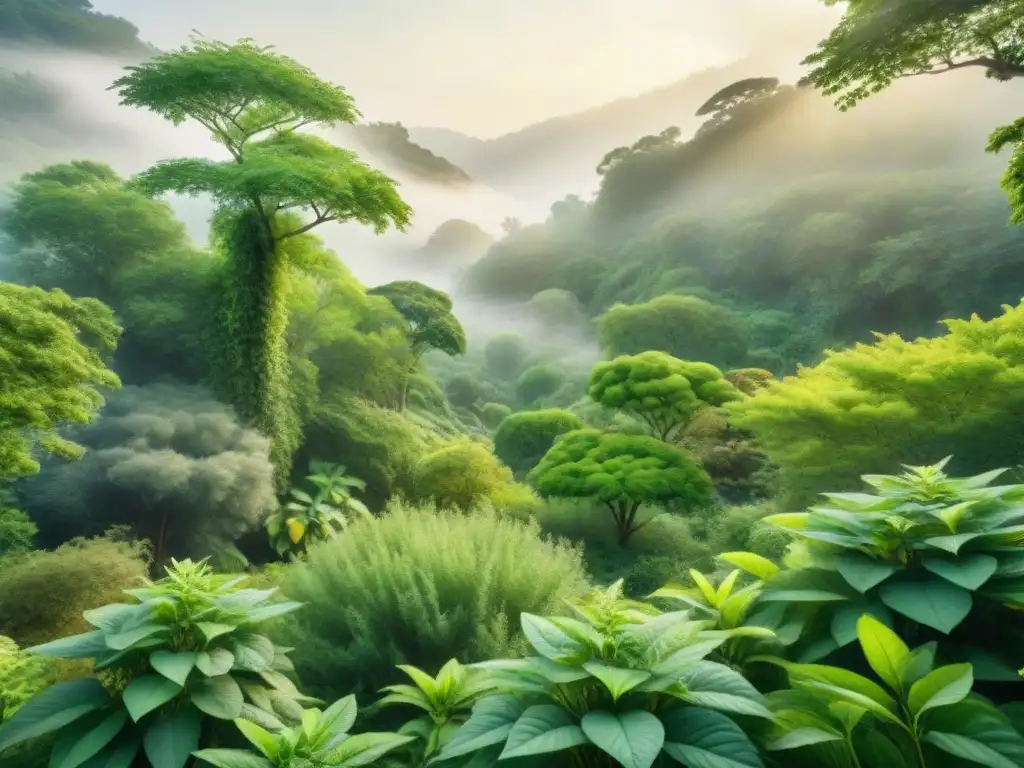 Ilustración acuarela: Bosque verde con plantas adaptógenas Un bosque exuberante con plantas adaptógenas como ashwagandha y albahaca santa crecen bajo la luz filtrada