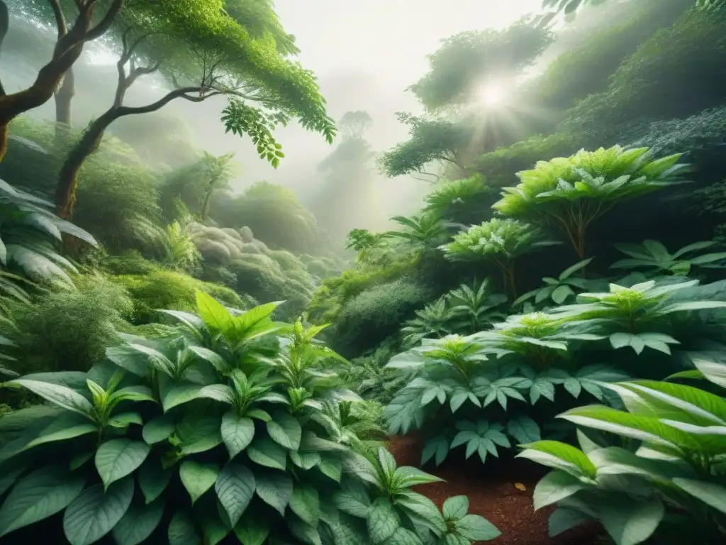 Ilustración acuarela de bosque verde con plantas adaptógenas detalladas Un bosque exuberante con plantas adaptógenas detalladas y beneficios adaptógenos snacks saludables