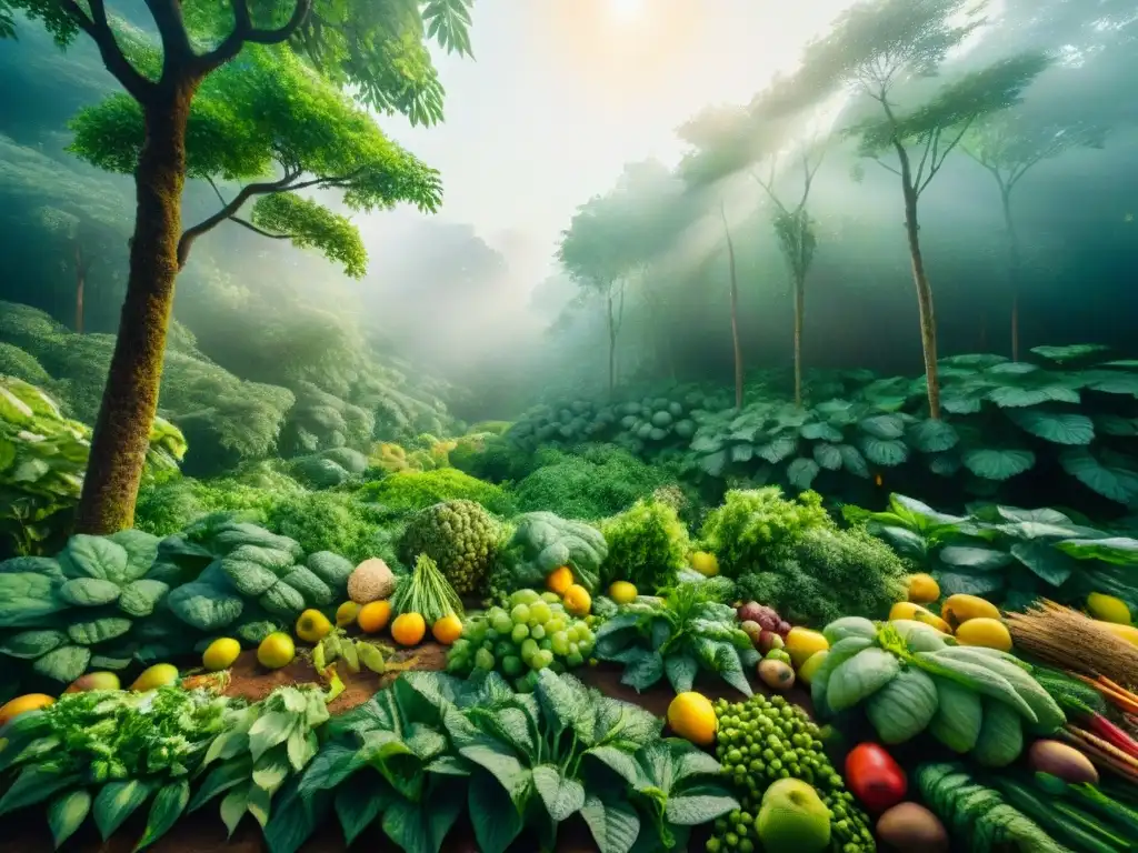 Bosque sostenible: snacks saludables entre árboles verdes Un bosque exuberante con snacks saludables y rastreo Blockchain