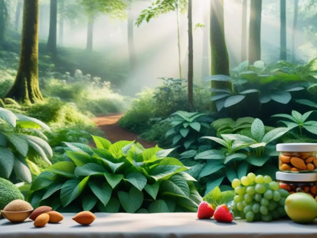 Bosque verde con snacks saludables y adaptógenos Un bosque exuberante con snacks saludables con adaptógenos bajo la luz del sol