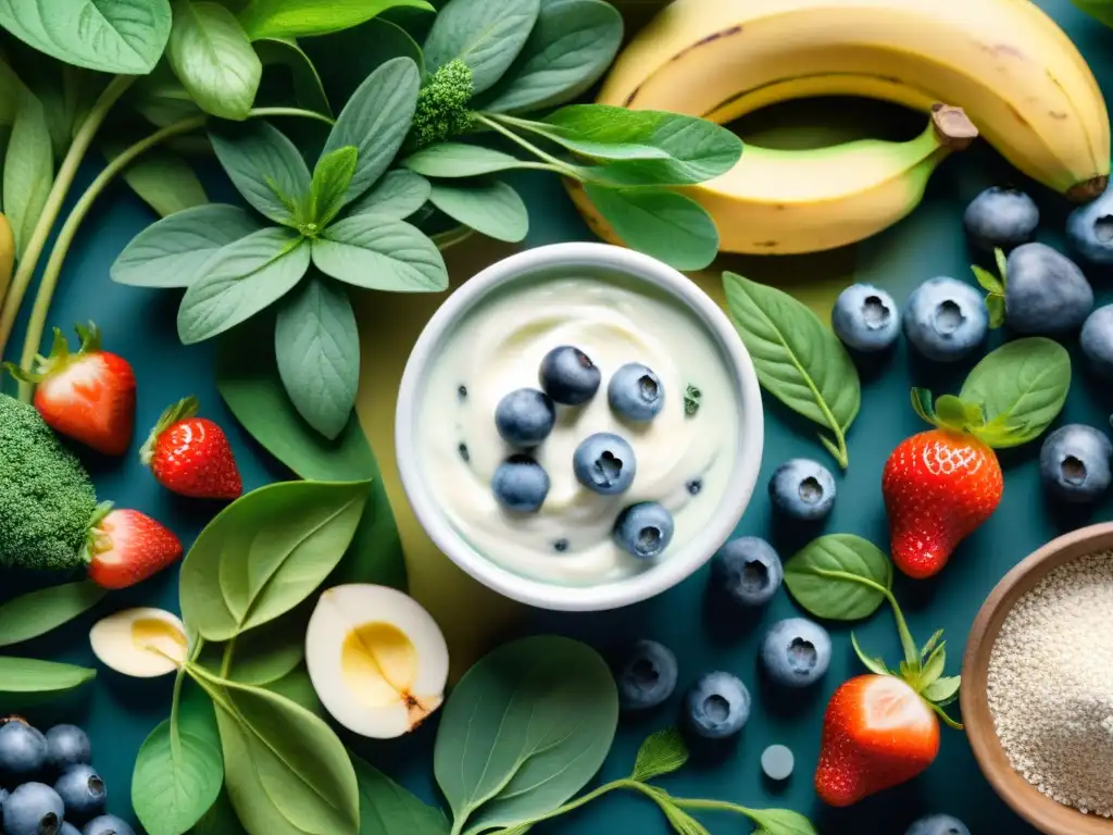 Bosque superalimentos veganos: ilustración acuarela detallada Un bosque exuberante con superalimentos coloridos: arándanos, fresas, plátanos y aguacates entre hojas verdes