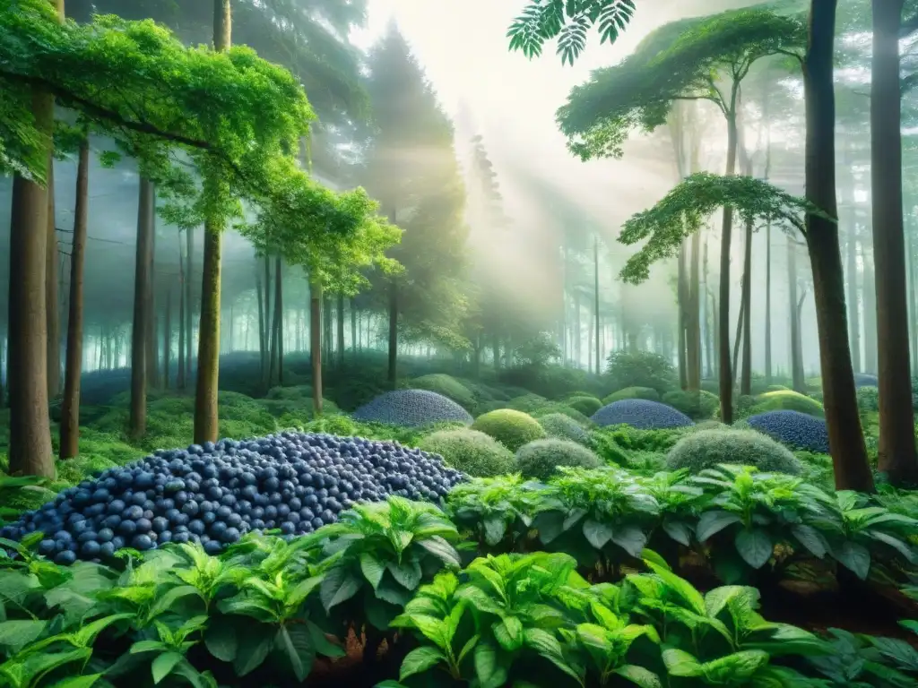 Bosque de superalimentos: ilustración acuarela de paz y abundancia Un bosque exuberante con superalimentos para reducir estrés y ansiedad