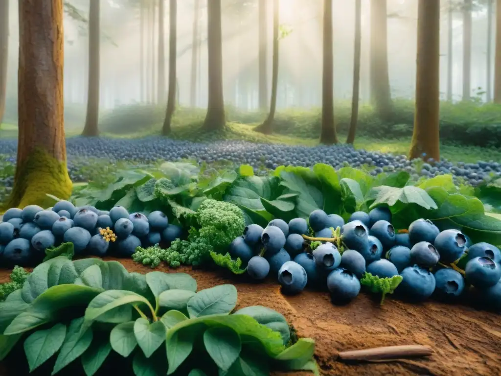 Bosque de superalimentos: un paraíso vibrante y sereno Un bosque exuberante con superalimentos, luz solar y mariposas