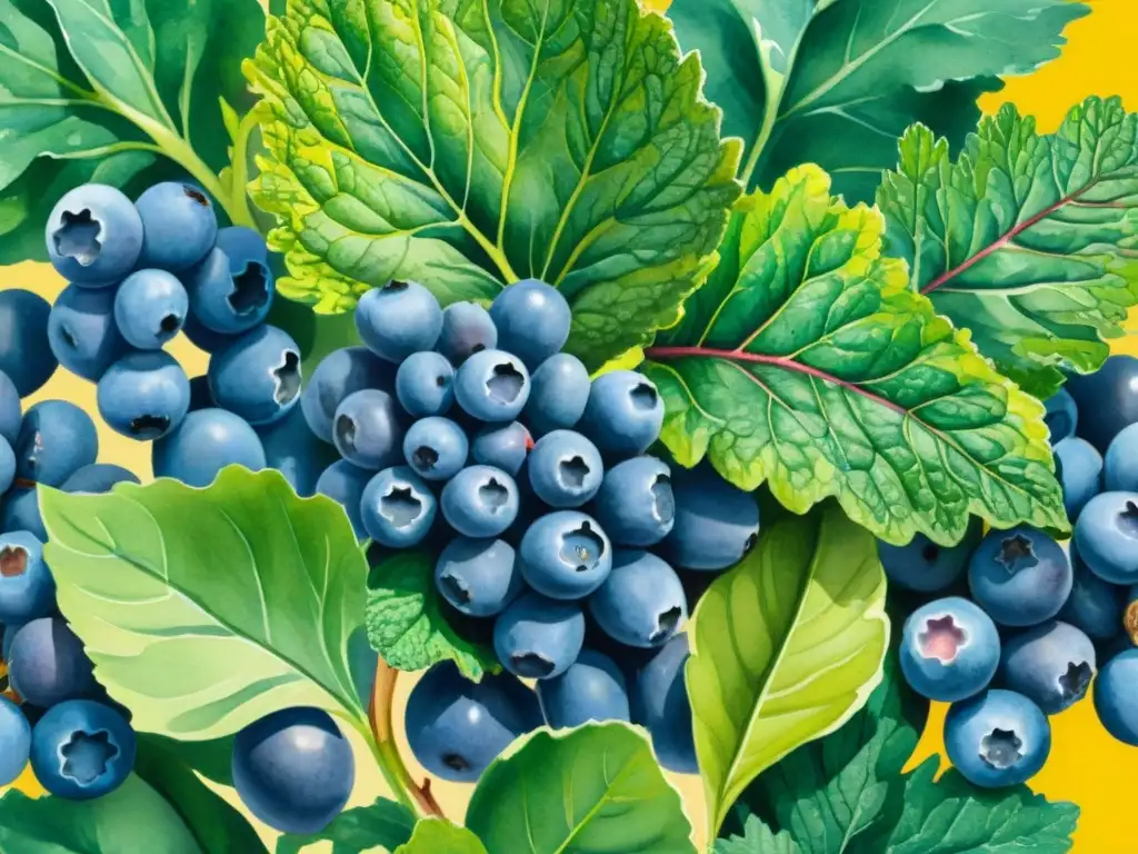 Bosque de Superfoods: Ilustración en Acuarela Un bosque exuberante con superalimentos crece bajo la luz del sol, reduciendo estrés y ansiedad