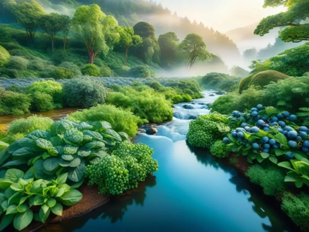 Bosque vibrante con superalimentos: armonía natural Un bosque exuberante con superalimentos vibrantes, reduciendo estrés y ansiedad