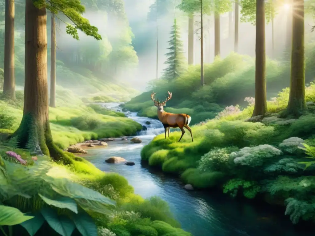 Bosque sereno: ilustración acuarela detallada Un bosque sereno con árboles verdes, flores silvestres y un arroyo cristalino