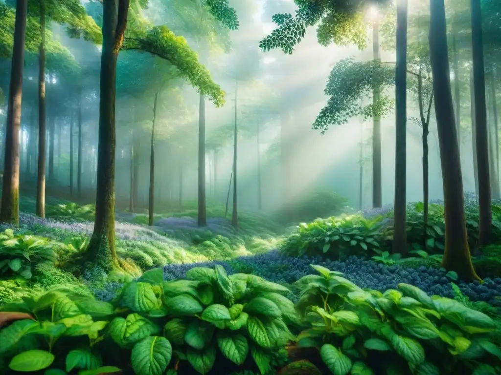 Bosque superalimentos: serenidad y sanación en la naturaleza Un bosque sereno y exuberante con superalimentos para reducir estrés y ansiedad creciendo entre los árboles