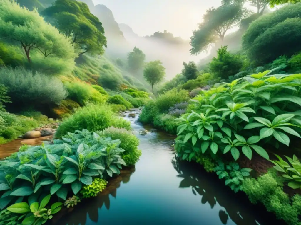 Ilustración acuarela 8k: Bosque sereno con plantas adaptógenas coloridas - Conexión armoniosa con la naturaleza Un bosque sereno con plantas adaptógenas coloridas y personas recolectando