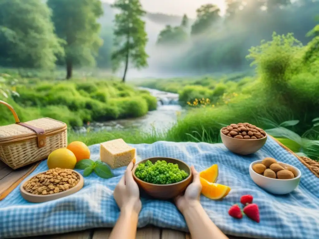 Un bosque sereno con arroyo, mariposas y snacks saludables bajo la luz del sol