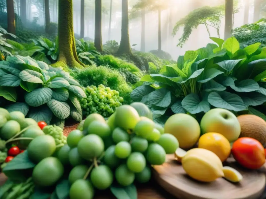 Bosque verde con snacks saludables creciendo en armonía