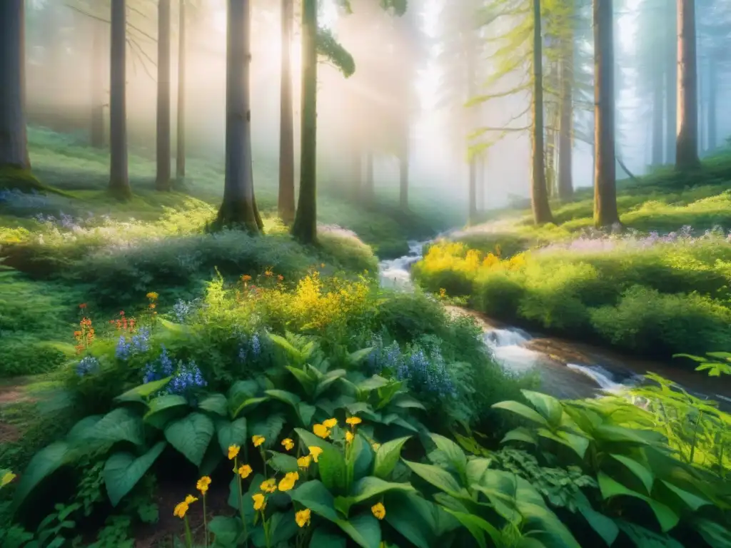 Bosque verde vibrante: ilustración detallada en acuarela Un bosque verde vibrante con arroyo, refleja ecoamigabilidad