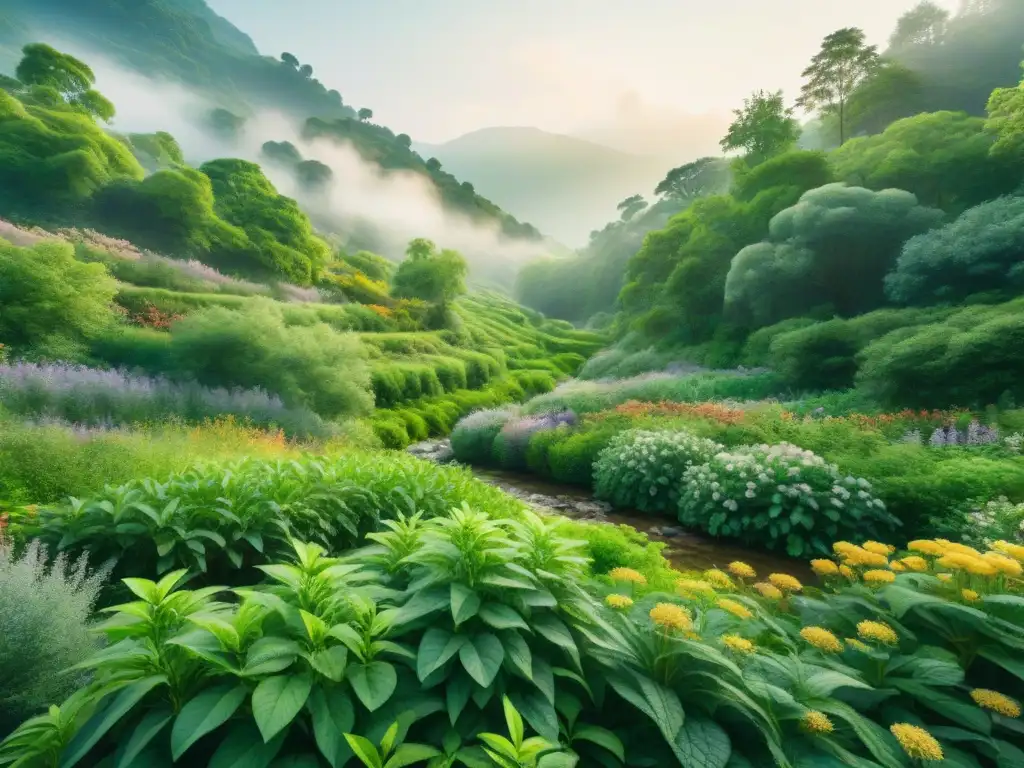 Bosque de plantas adaptógenas: ilustración en acuarela detallada Un bosque vibrante lleno de plantas adaptógenas en snacks saludables, con luz solar filtrándose entre la densa vegetación y un arroyo sereno